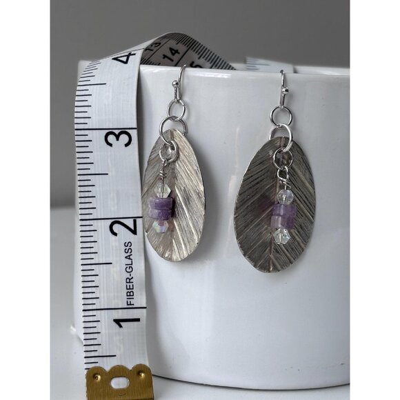 Handmade Up-cycled silverware earrings amethyst beaded dangle drop silver - Picture 5 of 5